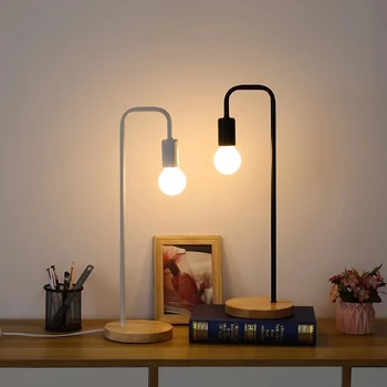 Таванско помещение Реколта настолна лампа E27, черно/Бяло Железен прът, Американска селска местност, Дървени настолни лампи, Скандинавски малка странична лампа за четене