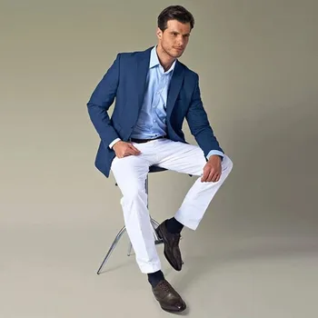 Модерен Мъжки костюми, Ежедневни Офис Официални костюми, Мъжки Бизнес Обикновено Сватба Смокинги за Младоженеца, тъмно синьо сако с бели панталони