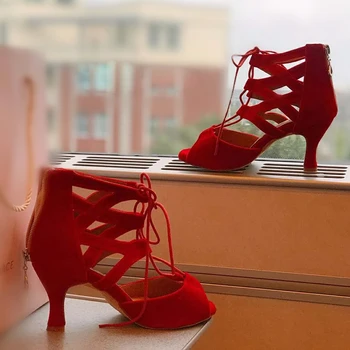 Червена Танцови Обувки за Салса И Бачаты, Дамски Летни Зимни Обувки На Замшевой Обувки, Обувки За Балните Танци, Вечерни Танци, Обувки за Салса За Жени