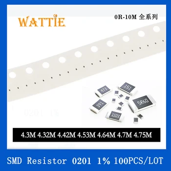 SMD резистор 0201 1% 4,3 М, 4,32 М 4,42 М 4,53 М 4,64 М 4,7 М 4,75 М, 100 бр./лот микросхемные резистори 1/20 W 0,6 мм * 0,3 мм