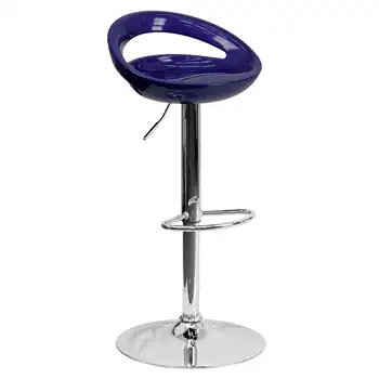 Модерен Бар стол с регулируема височина от синя пластмаса с заобляне на облегалката и хромирано основание