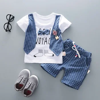Летни Комплекти дрехи за малки момчета 2023 г., тениска с изображение под формата на решетка + шорти, комплект дрехи от 2 теми за момчета