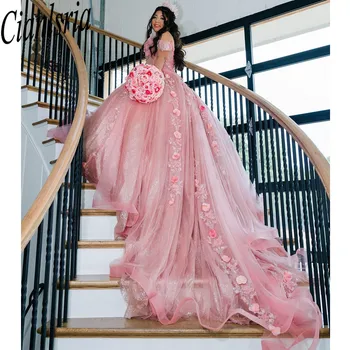 2023 Розови буйни рокли С аппликацией под формата на цветя на любимия човек, Абитуриентски Бални рокли от Тюл, Елегантната принцеса 15