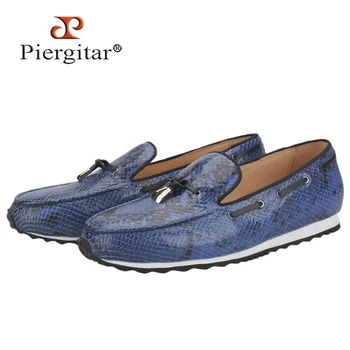 Мъжки Обувки от телешка кожа Piergitar син цвят, с змеиным Релефни Метални Четки, Мъжки Ежедневни обувки, ръчно изработени, Черна /Бяла гумена подметка