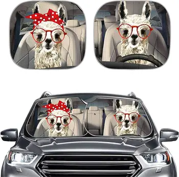 Забавна двойка животни Лама Водач 2 бр Универсален сенника на предното стъкло, подходящ за спортни автомобили, камиони, седани, автомобили Rainbow, Предно стъкло