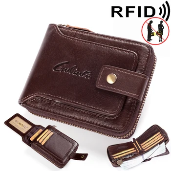 Мъжки Кожен портфейл с цип и RFID заключване, двойна ретро портфейл с няколко притежатели на карти за подарък