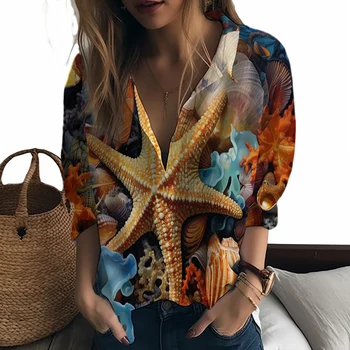 Лятна нова дамска риза с 3D-принтом морска звезда, на женската риза в разговорния стил за отдих, модни свободна женска риза