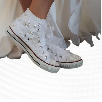 Модни парусиновая обувки с висок берцем и перлата на цвете, ръчно изработени, ежедневни обувки с панделка, популярна обувки за настолни игри