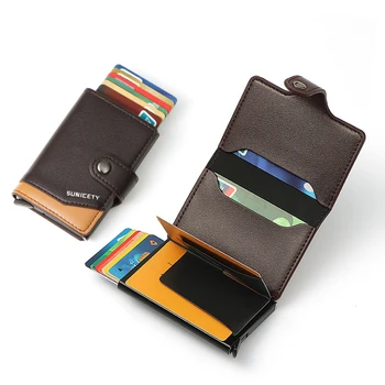 Държач за кредитни карти, мъжки портфейл, защитени от RFID заключване, алуминиева кутия, портмоне от изкуствена кожа с клип за пари, дизайнерски държач за карти