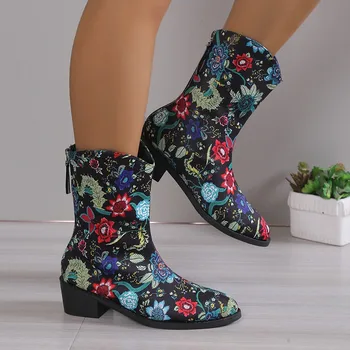 Дамски обувки 2023, Модерни ботуши от изкуствена кожа с остри пръсти и цветя модел на цип, Елегантни и семпли модни обувки, обикновен женски тънки обувки