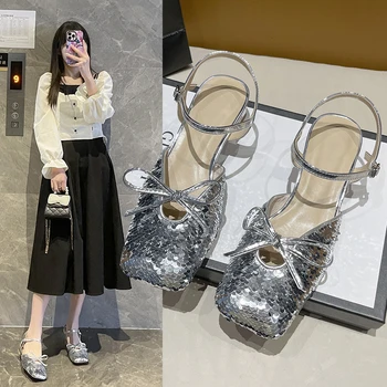 Дамски летни сандали с лък и катарама, новост 2023 г., модни дамски обувки в римски стил Baotou на дебелите обувки с токчета в приказен стил