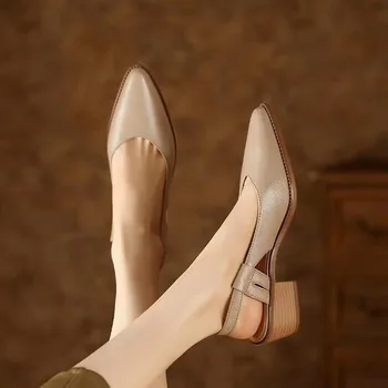 2023 Дамски пролетно-летни Сандали на висок ток 4 cm, дамски сандали от кожа и велур с остри пръсти