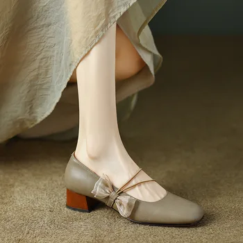 Папийонка на Мери Джейн в ретро стил, Квадратен чорап, Темперамент, Универсални обувки-лодка с малките пръсти, Zapatos Mujer, Дамски обувки на висок ток
