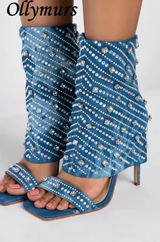 Нови сандали Ollymurs на висок ток са изработени от Деним, украсени с искрящи кристали