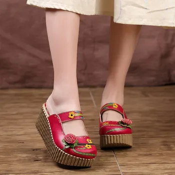 YourSeason/ Дамски джапанки на платформа от естествена кожа в етнически стил, Лятна обувки на танкетке с рисувани цветя, дамски чехли