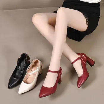 Дамски обикновена прости кожени обувки голям размер на дебелите ток, ново 2023 г., пролетно-есенна дамски обувки с остър пръсти на една пуговице