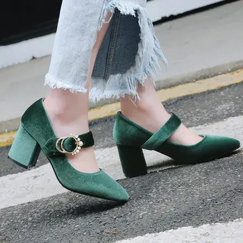 Пролетно-есенни тънки обувки, дамски универсални обувки Мери Джейн на среден ток, обувки с дебел ток, женски обувки с остър пръсти