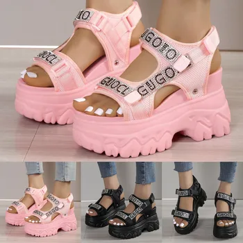 Нови Летни обувки-банички с дебела подметка, Римски обувки на висок ток с приповдигнато наклон и дебела подметка, Женски блестящи сандали, Размер 11