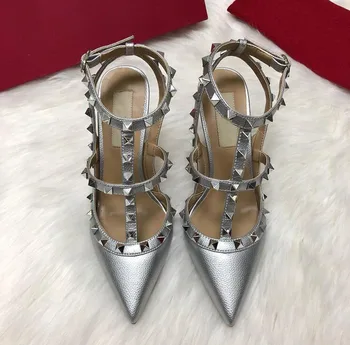 Дамски сандали с остри пръсти 2022, Луксозни Дизайнерски Пикантни сандали с нитове, сватбени обувки на висок ток 6-8-10 см за жени