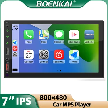BOENKAI Автомобилна стерео система със 7-инчов сензорен екран с 1080P Carplay с Android Auto БТ, двоен Din, разноцветни светлини, автомобилното радио, Mp5 плейър