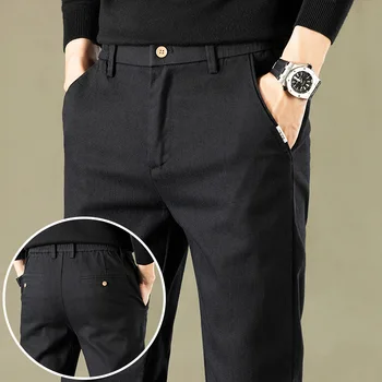 2023, Есенно-зимни бизнес ежедневни панталони, мъжки удобни обикновен панталон с прав штанинами, черно, светло сиво, тъмно сиво