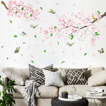 Розови клонки, цветя и птици, стикер на стената е Изискана изработка, подвижни стикери за стена, за кафене, ресторант, декора на стените