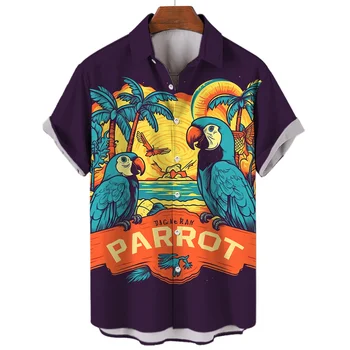 2023 Нова Мъжка риза с 3D животно принтом, Модни риза Поло с къс ръкав и копчета, Хавайска риза с акула