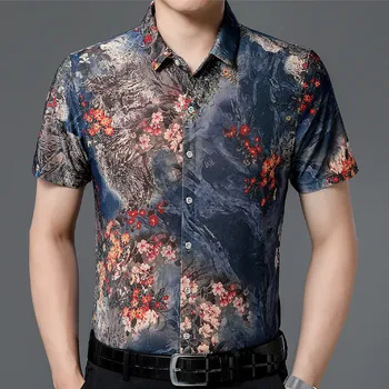 Къс ръкав хавайски стил casual 80% копринени ризи Мъжки двете страни на китайската нация цвете 2023 плажната летни дрехи