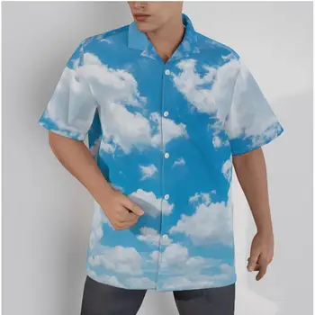 Мъжки Хавайска риза с Хладен принтом Небето, Плажни Облак, Къс ръкав, Летни Ежедневни сини върхове на копчета, Ризи 3D