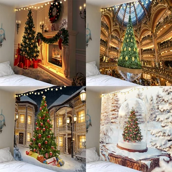 Весела Коледа, украса на сцената коледна елха, подвесная плат, уютна всекидневна, спалня, декорация на стените на стаята, гоблен