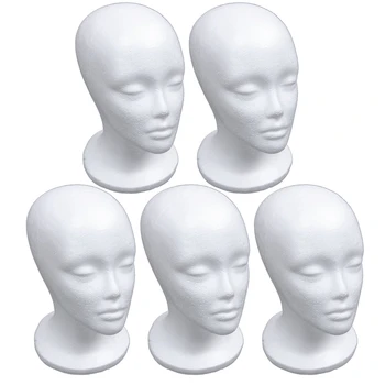 5X Дамски модел на главата на манекена от стиропор, шапка, перука, Поставка за дисплея, Денонощна Бяла