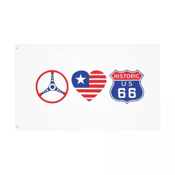 Знаме на Мира и Любовта US66, Банер за помещения и на открито, Полиестер, Route 66, дънната Платка Път, Американското Класическо Ретро Декорация, Знамена размер 2x3 3x5 4x6 фута