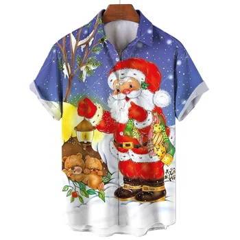 Мъжка риза с принтом Дядо Коледа, Коледна мъжки дрехи, Градинска дрехи, къс ръкав копчета, Нова коледна тениска за момчета, Ежедневна блуза с ревери