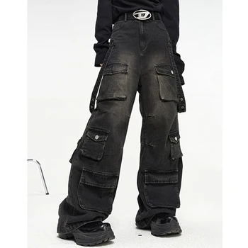 Дънки-карго с много джобове, широки дънки в стил хип-хоп, черна