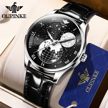 OUPINKE Мъжки автоматично механични часовници на Звездното небе фаза на Луната Сапфир кристал стъкло Кожена каишка водоустойчив бизнес мъжки ръчен часовник