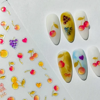 Цветни грозде, череша, праскова желе дизайнерска фантазия плодово сърцето 5Д релеф самозалепващи нокти етикети 3D стикер маникюр