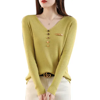 Lafarvie 2023, нов дамски есенно-зимния вълнен случайни вязаный пуловер с V-образно деколте, мек пуловер, обикновена долните върхове