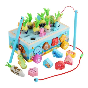 Игрална машина за риболов с блокове животни, образователни играчки за предучилищна възраст, Дървени играчки-взискателни за деца