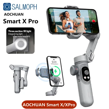 AOCHUAN Smart X Pro 3-аксиален Сгъваем ръчен кардан стабилизатор с пълнеж подсветка, Безжична зареждане за екшън камера на смартфон