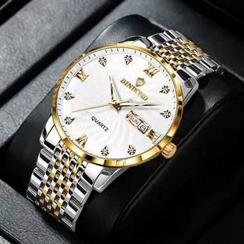 BINBOND Модерни кварцови часовници за мъже от неръждаема стомана, водоустойчив мъжки часовник с нежна дата, Най-добрата марка на Луксозни Relogio Masculino