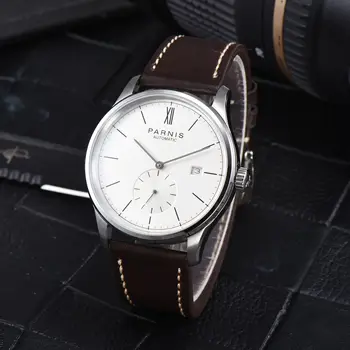 Модерен мъжки механични часовници Parnis 41,5 мм с бял циферблат, Кафява Кожена каишка, Автоматичен Календар, Водоустойчив мъжки часовник, подарък