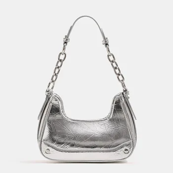 Миличка Страхотна Сребърна чанта под мишката за жени, Лято 2023, Нова Дизайнерска верижка от изкуствена кожа с цип, Модерна чанта през рамо за междуградски пътувания