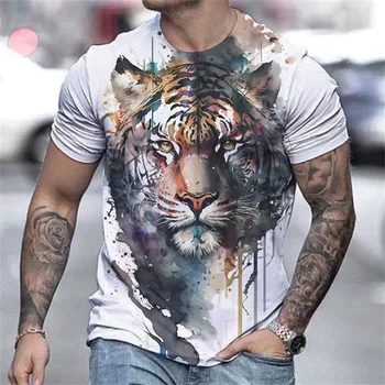 Мъжка тениска с къс ръкав и 3D принтом лъв, тигър и вълци, топ с животни в стил харадзюку, ретро, ежедневни