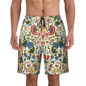 Мъжки бански с принтом Уилям Морис, Бързосъхнеща плажно облекло, Плажни шорти-бордшорты с цветен текстил модел