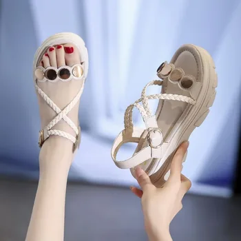2023 нови дамски летни сандали с пайети за студенти; римски обувки подметка с отворени пръсти в корейски стил; дамски обувки голям размер