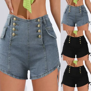 Дамски Летни Дънкови къси панталони от деним с висока талия, бутони и микрорастяжкой на съвсем малък, с джобове
