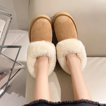 Нови зимни Дамски памучни чехли от естествена вълна, Зимни обувки, дамски обувки от естествена овча кожа, дамски обувки големи размери, върху плоска подметка