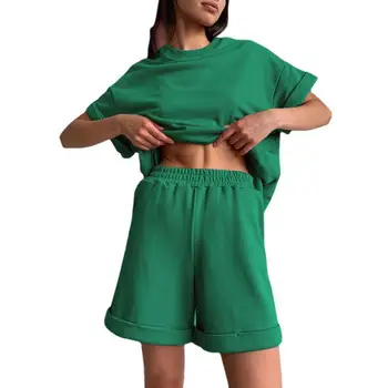 Годишен Женски спортен костюм, Шорти с тениска, яке от две части, Свободна памучен Зелен Дамски ежедневни спортни дрехи голям размер