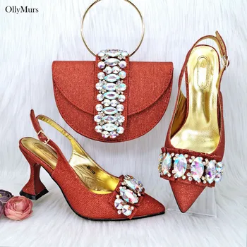 В присъствието на най-Новите италиански Красиви дамски обувки и чанта в комплект С високи токчета с камъни, вечерни обувки и чанта В комплект с вечерна рокля