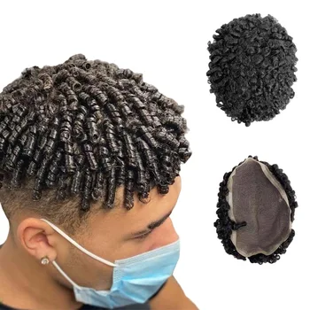 Малайзия Перука от естествена коса 12 мм с завитком # 1б 7x9, Напълно Перука, завързана за Черни мъже